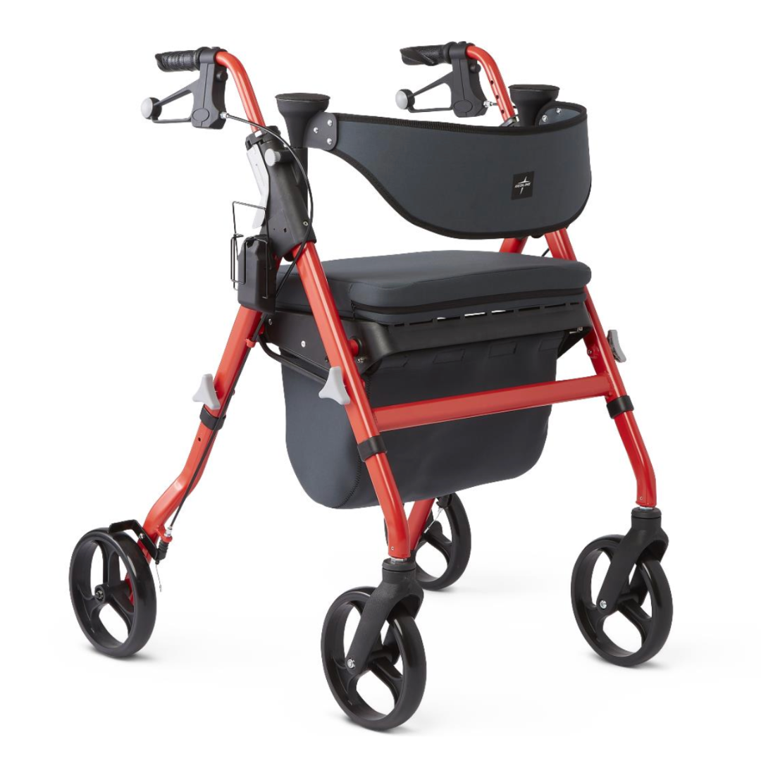 The Medline Empower Rollator with Microban features a sturdy red and black aluminum frame, four wheels, ergonomic handles, a cushioned seat, and an under-seat storage basket for enhanced mobility assistance.